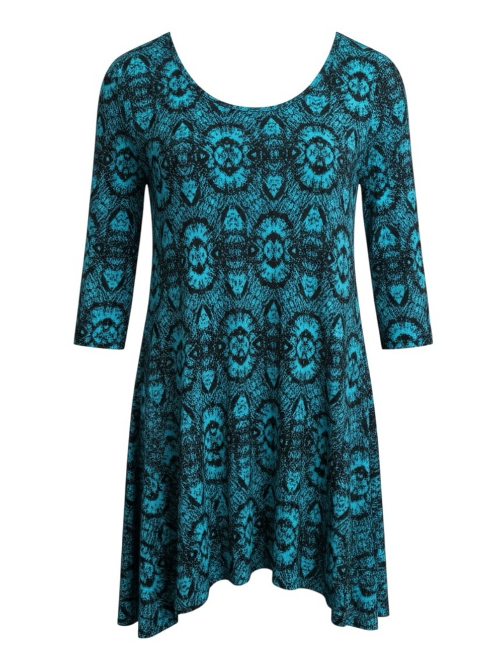 Tianello Teal and Black Scoop Neck Patterned Tunic by Steve Barraza SZ S